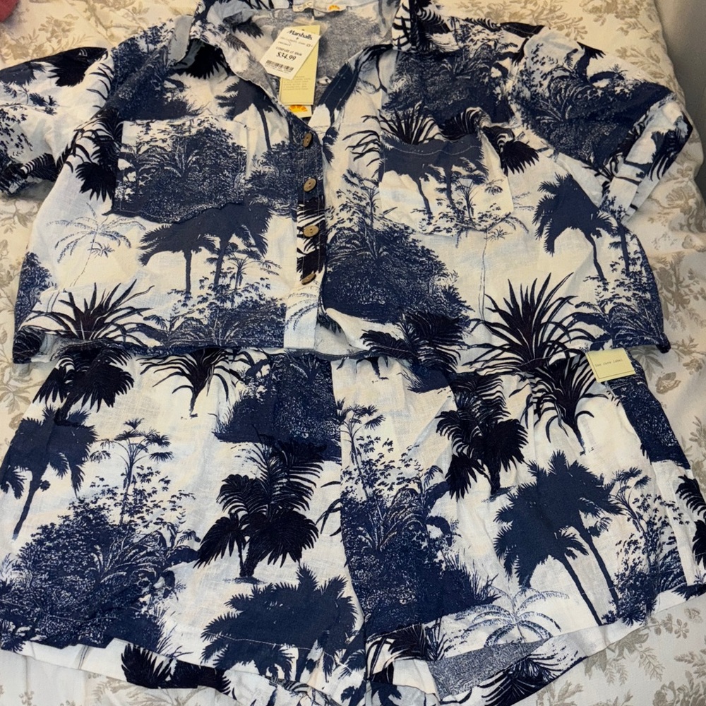 Tropical Print Blue and White Two-Piece Set